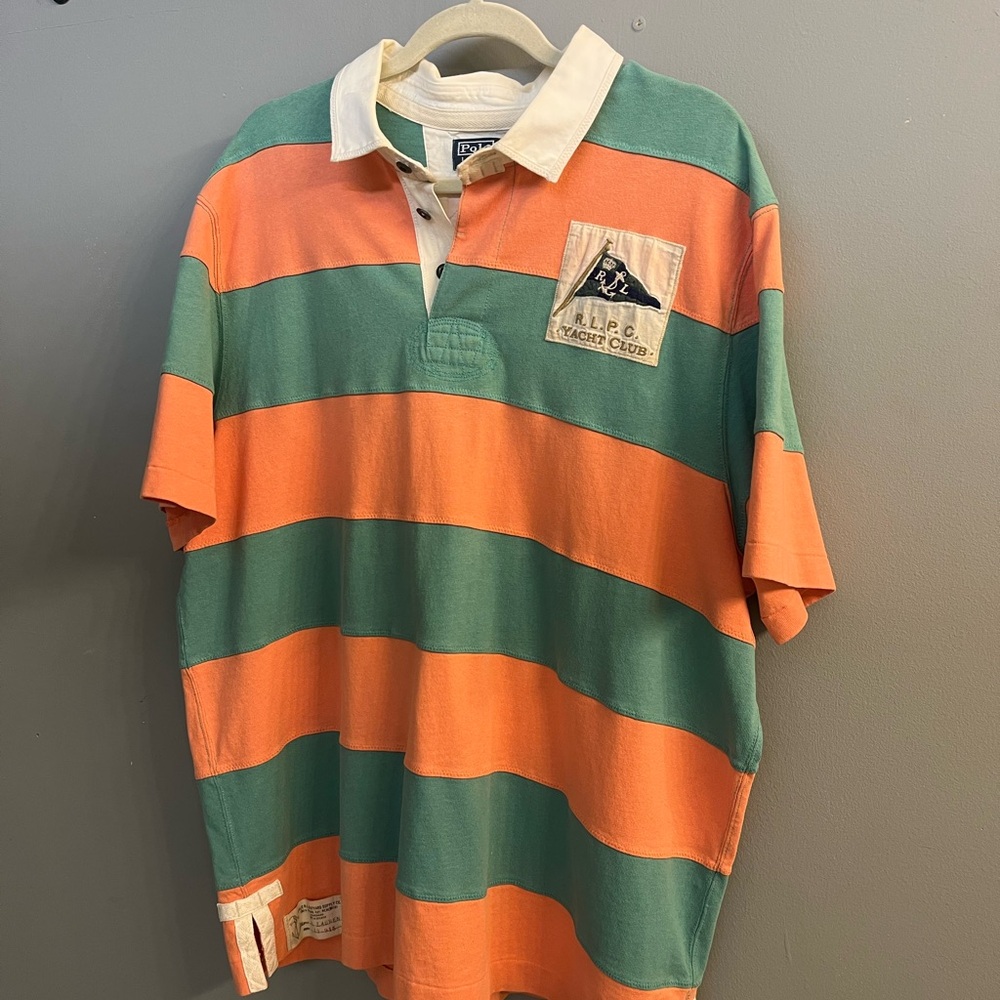 Ralph Lauren Green and Orange Striped Men's Shirt